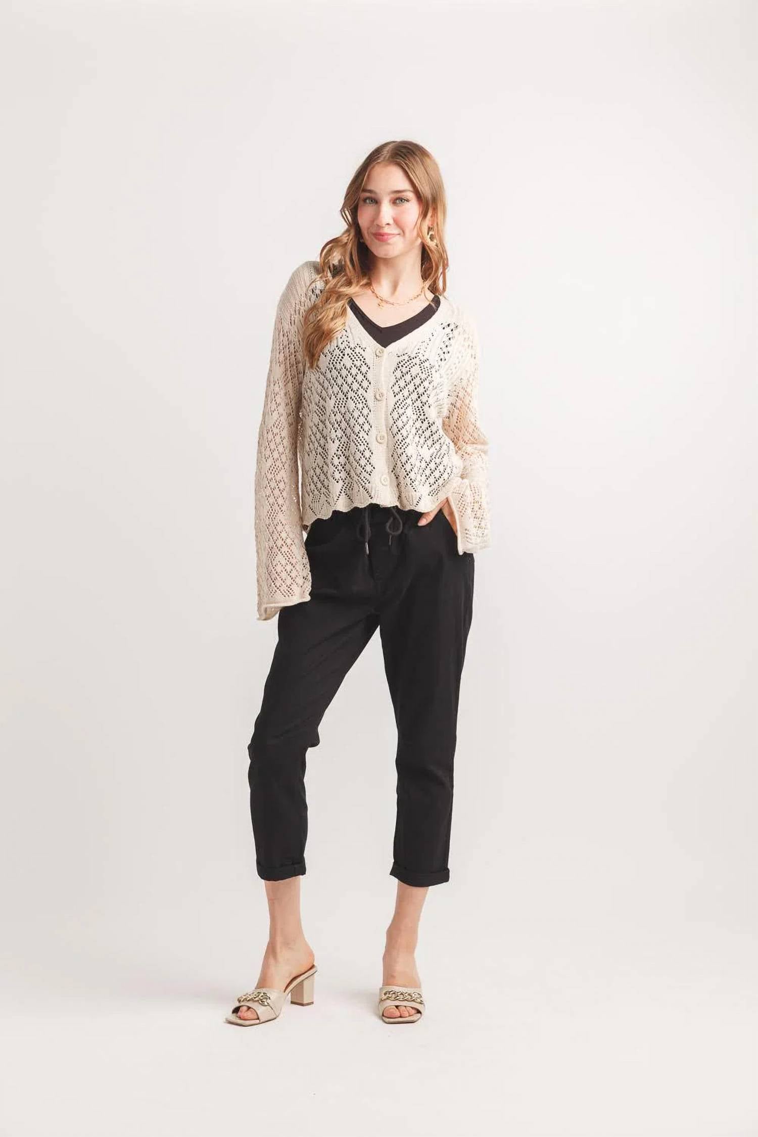 Papillon - Open Pointelle Knit Long Sleeve Cardigan