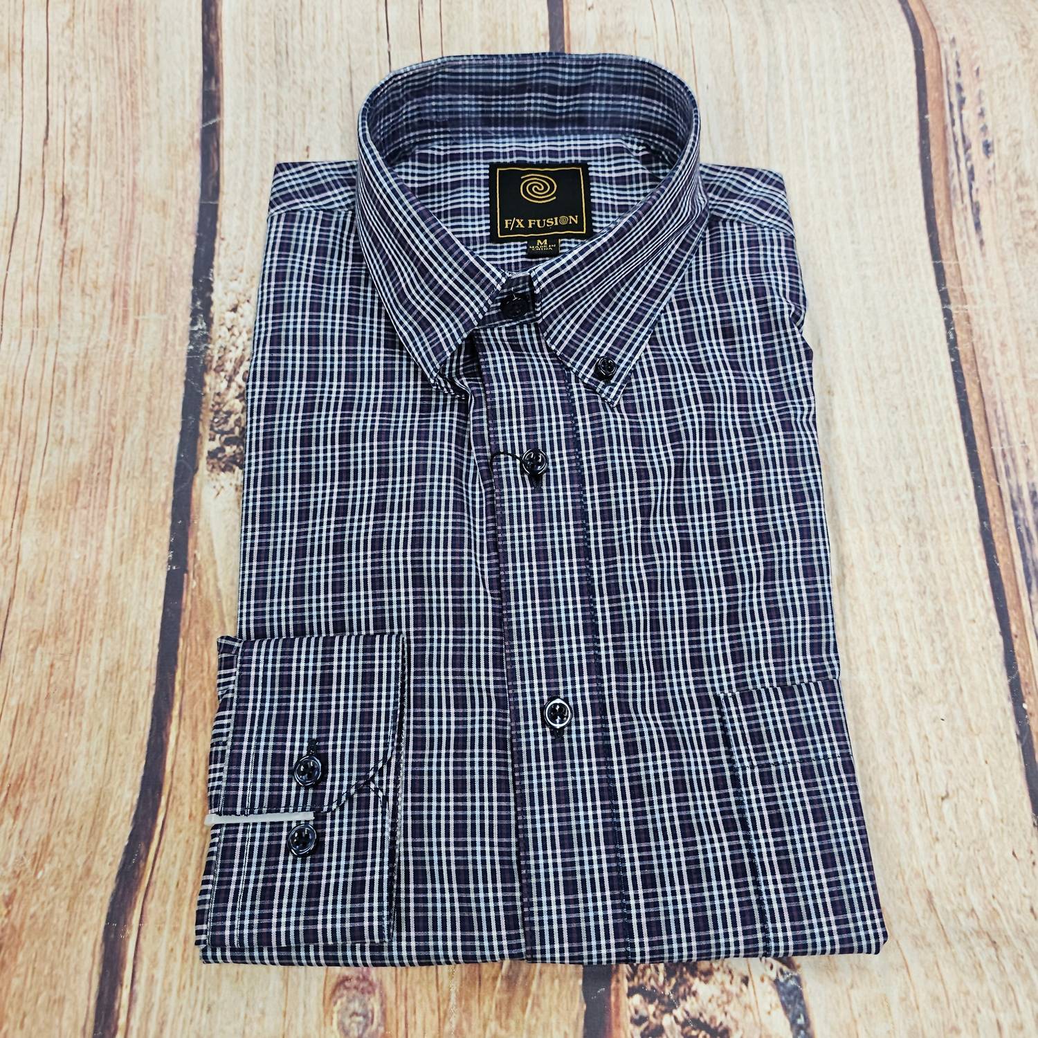F/X Fusion Men's Button Plaid Shirt in purple grey blue - men's shirt - detail view