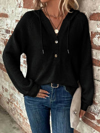 Lily Clothing Waffle Button-up Hoodie Pullover in black - women's top - alternate view