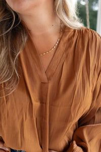 GLAM Color Metallic Long Sleeve Blouse in caramel - women's blouse - alternate view