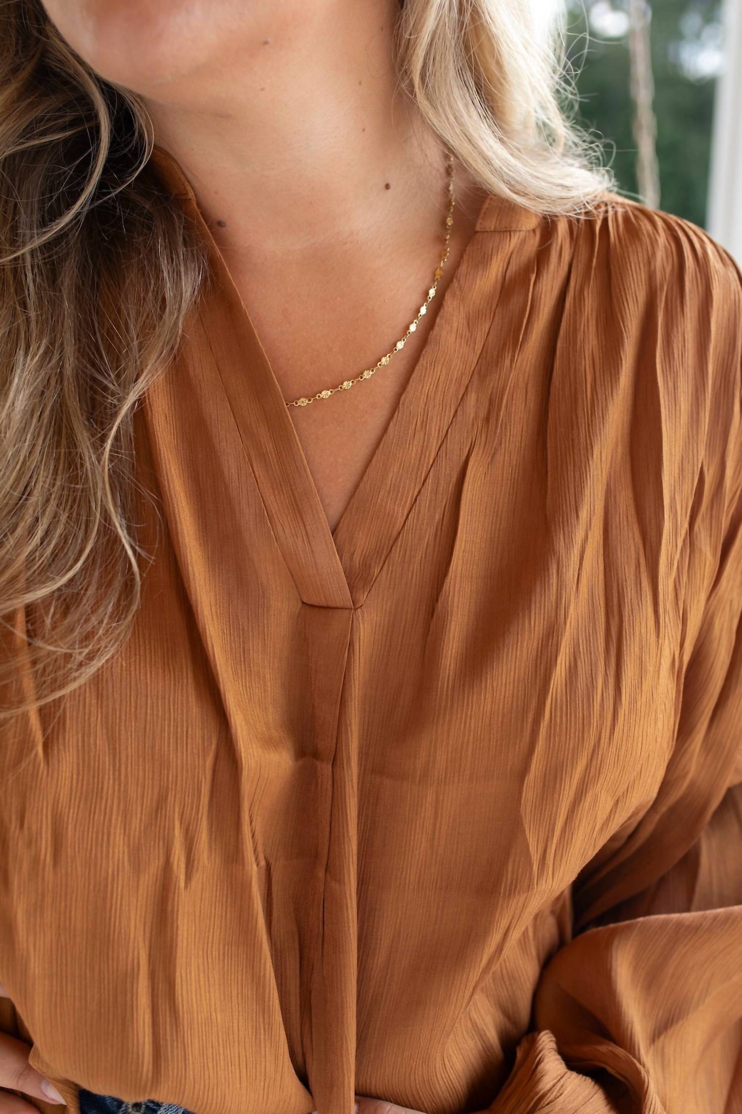 GLAM Color Metallic Long Sleeve Blouse in caramel - women's blouse - alternate view