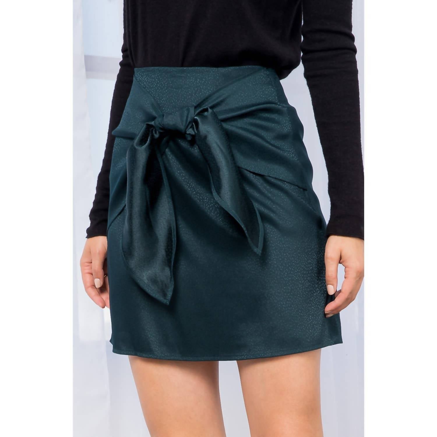 THML Front Tie Mini Skirt in teal - women's skirt - detail view