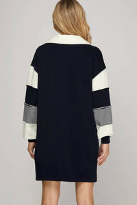 She + Sky - Color Block Long Sleeve Dress With Pockets
