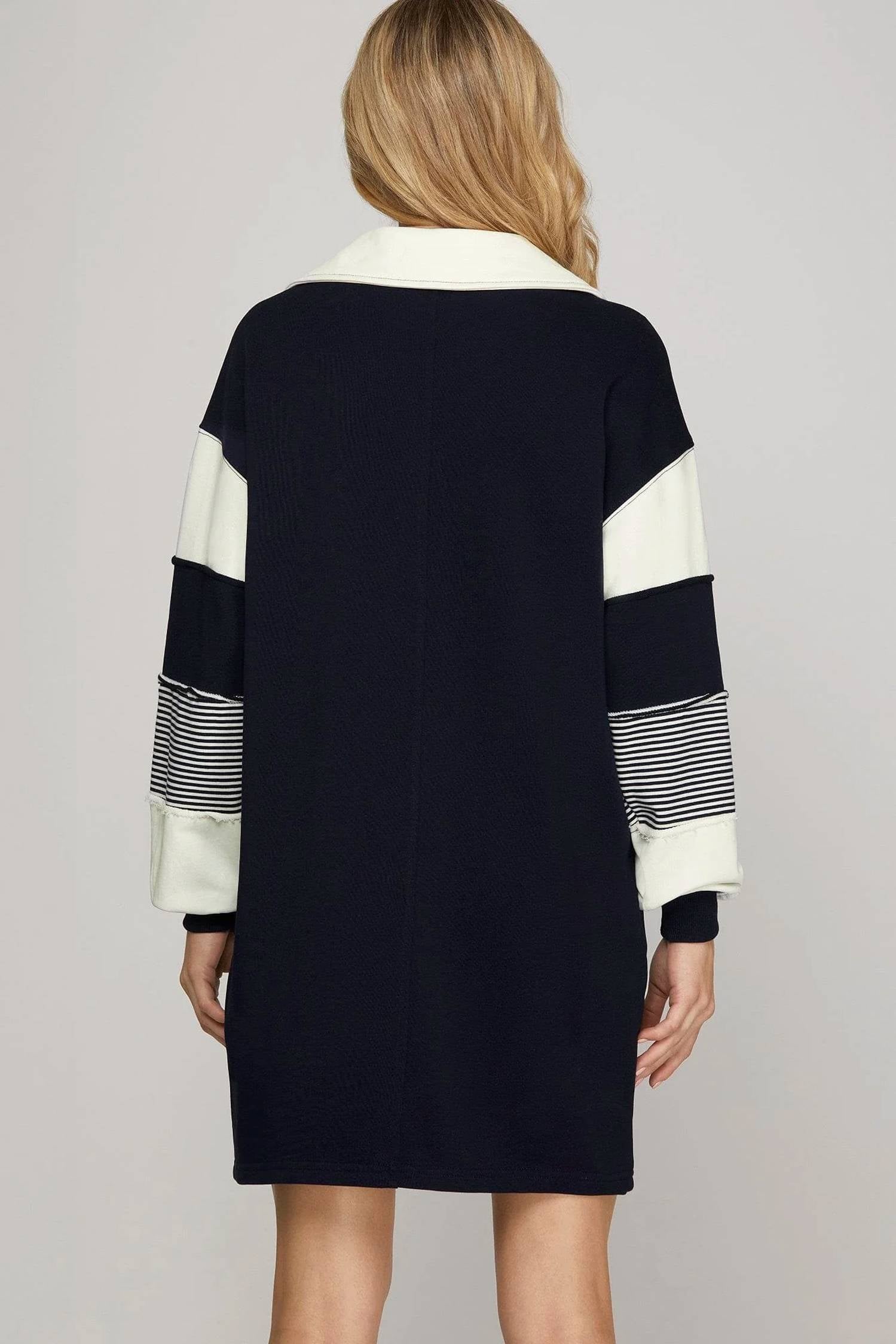 She + Sky - Color Block Long Sleeve Dress With Pockets