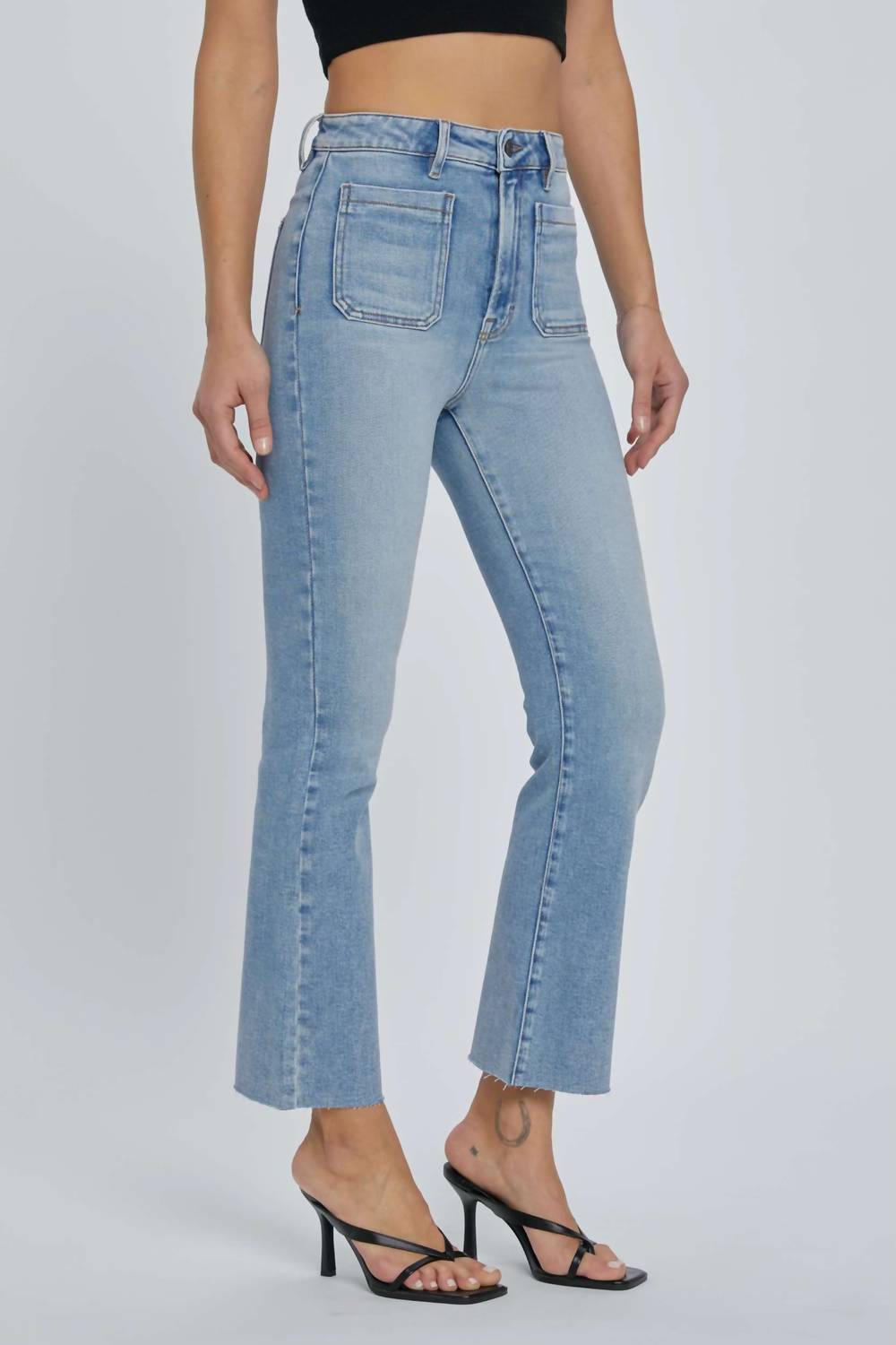 Hidden - Denim Patch Pocket High Rise Cropped Flare Jeans