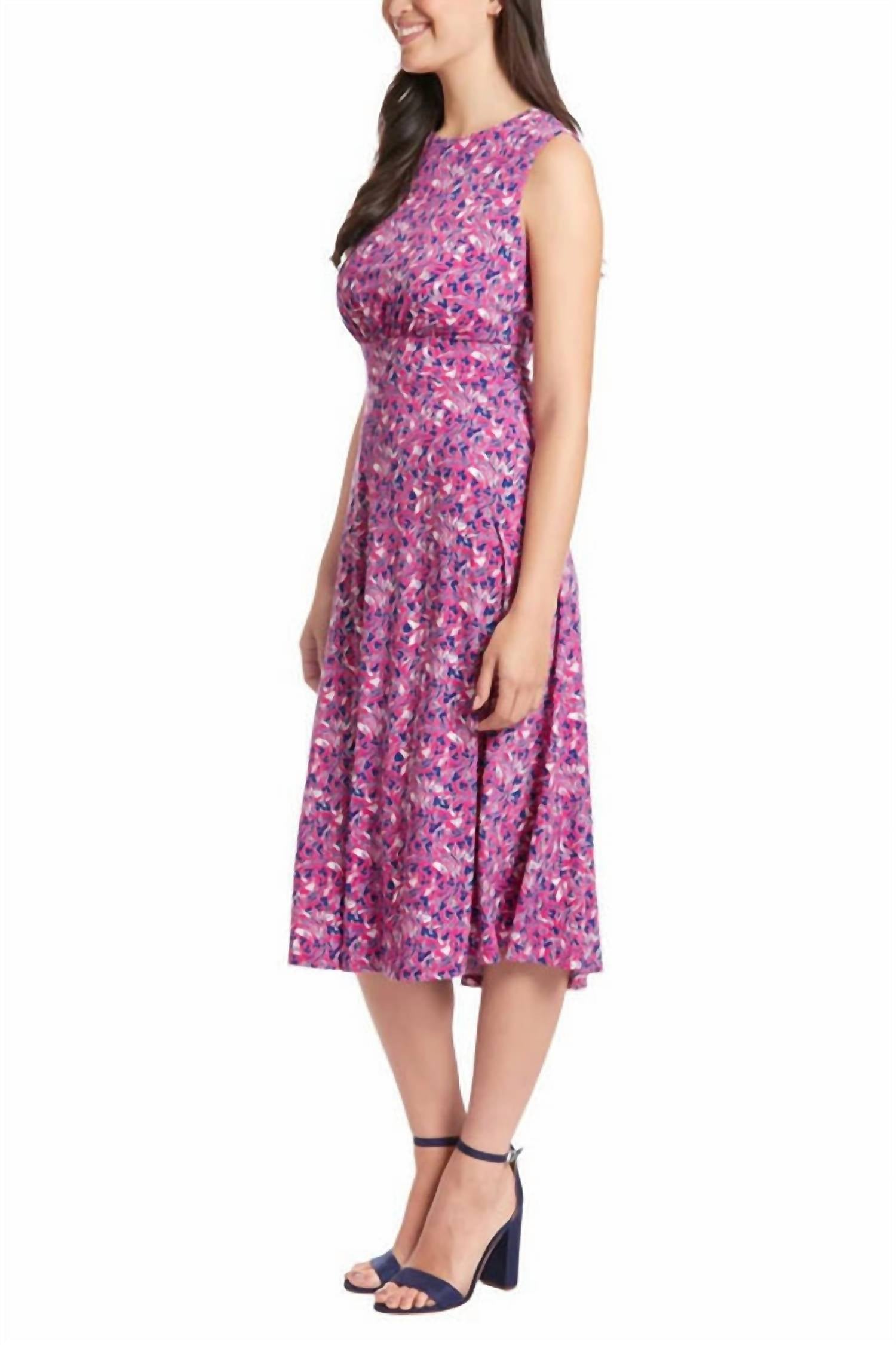 London Times - Crew Neck Ruched Front Banded Waist Fit & Flare Matte Jersey Dress