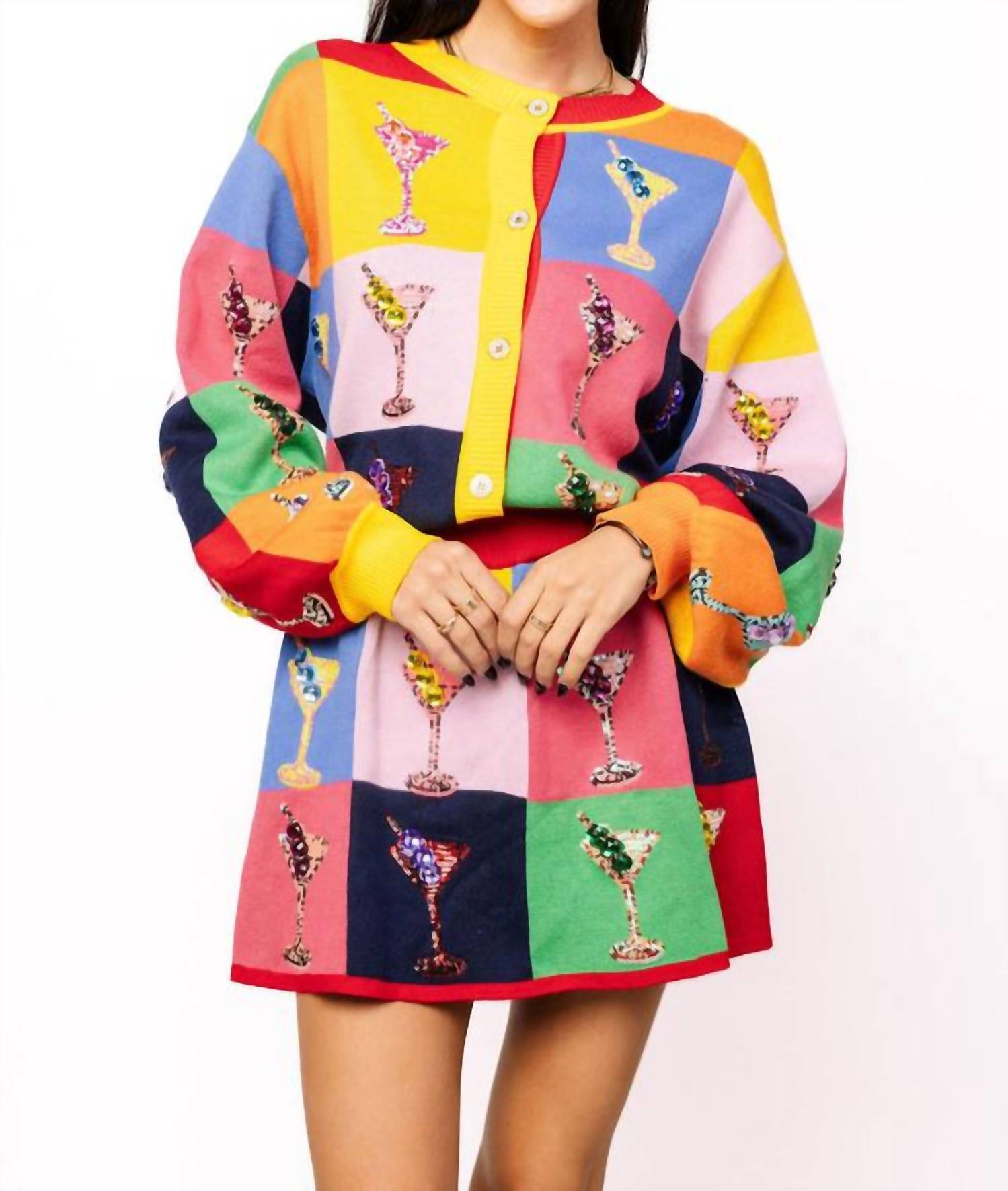QUEEN OF SPARKLES Checkered Cosmo Sweater in multi - women's cardigan