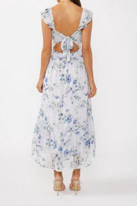 LOVESTITCH Floral Textured Open Back Tie Maxi Dress in purple blue - women's dress - detail view