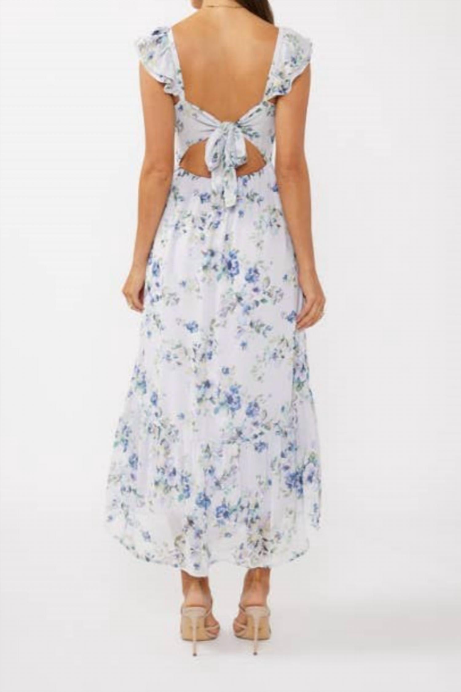 LOVESTITCH Floral Textured Open Back Tie Maxi Dress in purple blue - women's dress - detail view