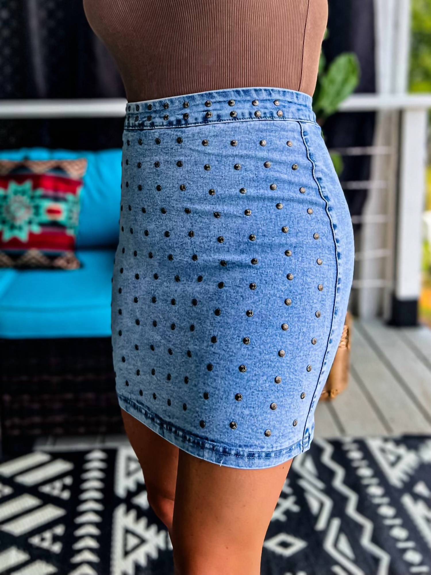 2FlyCo Concho Studded Dreamz Denim Skirt in blue - women's skirt - detail view