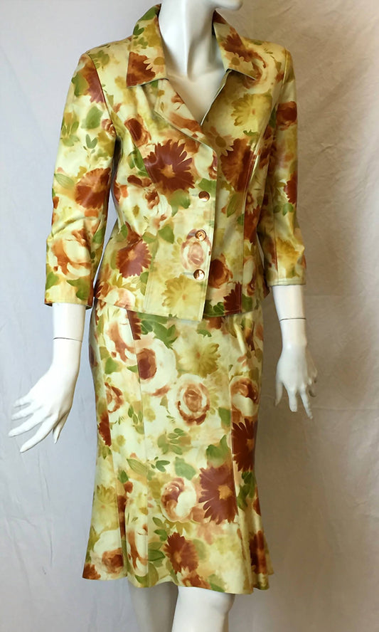 Izzy Camilleri - Women's Floral Print Leather Jacket And Printed Swing Leather Skirt