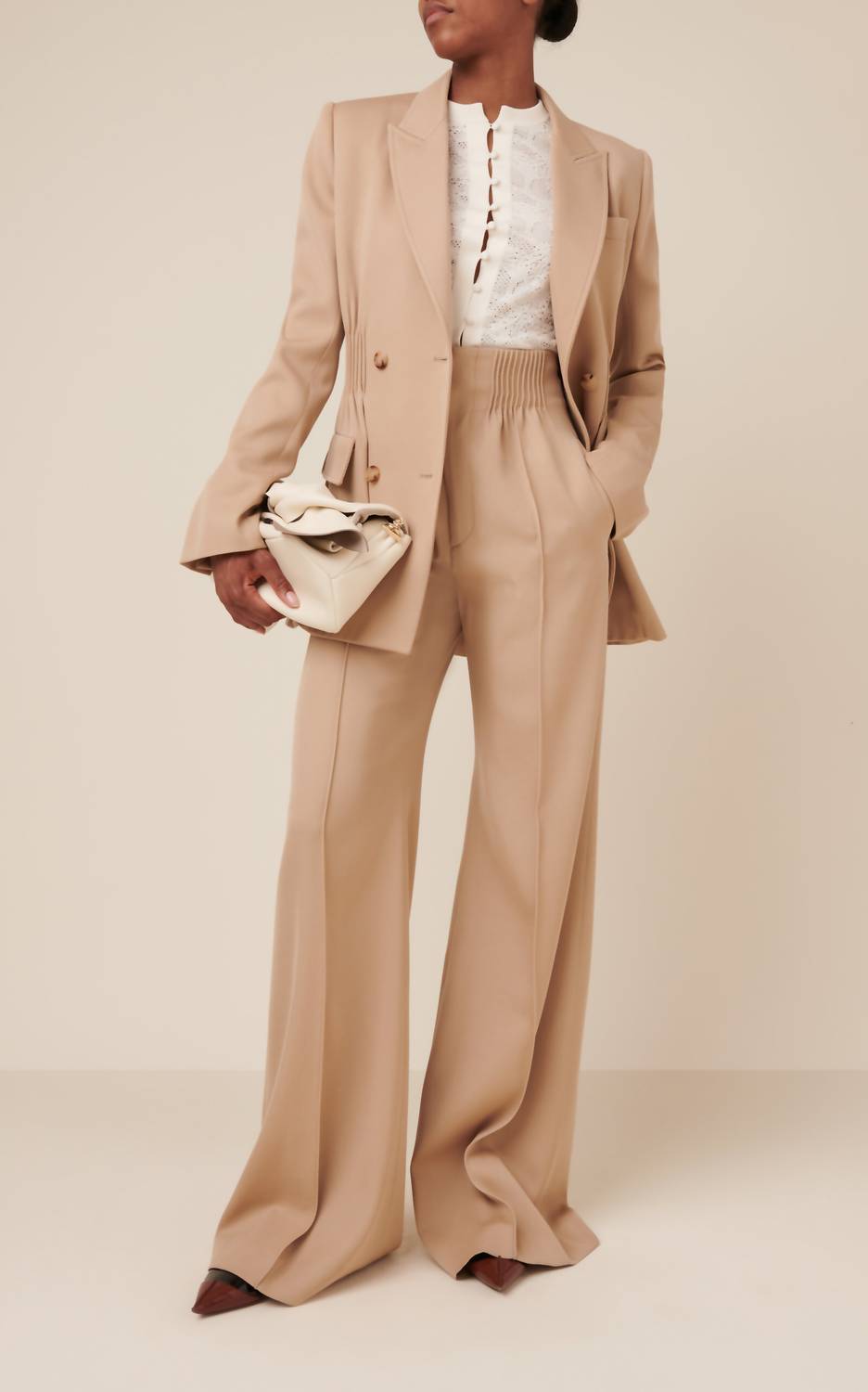 Chloe - Shirred High Rise Wool Gabardine Wide Leg Pants