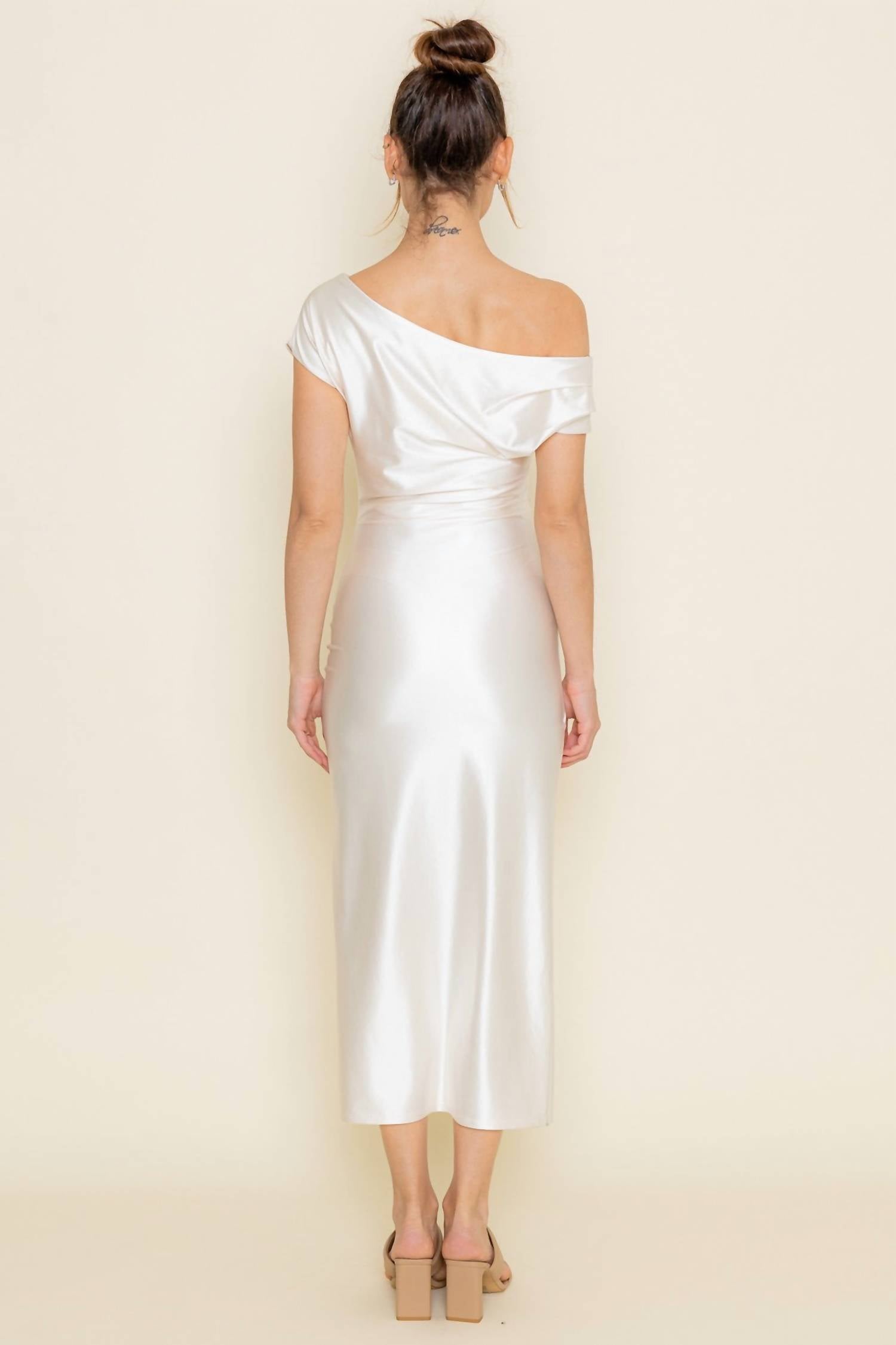 Fore Collection - Joan Pearl Draped Asymmetrical Midi Dress