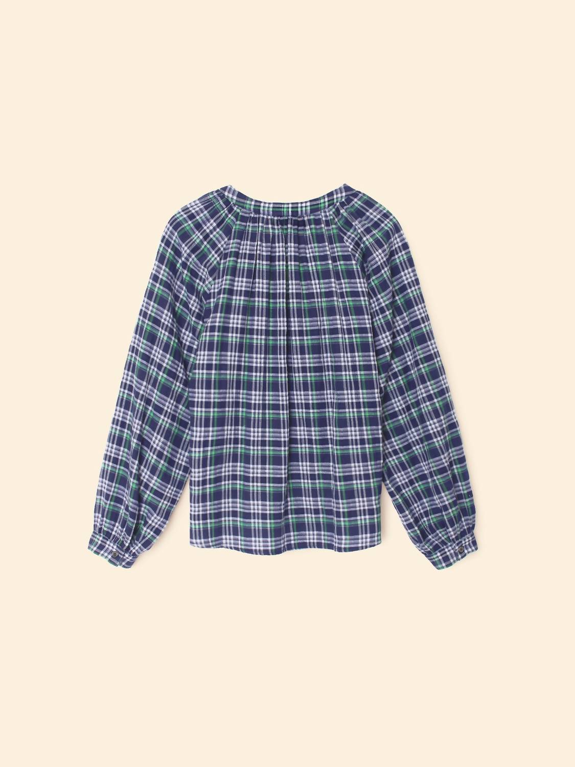 XIRENA Women's Dara Top in forest blue plaid - women's long sleeve top - detail view
