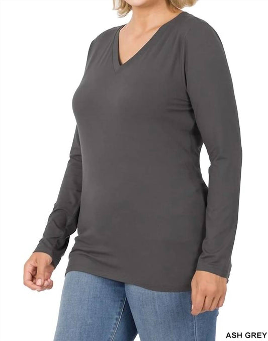 Zenana - Back to Basic V-Neck Long Sleeve Tee - Plus