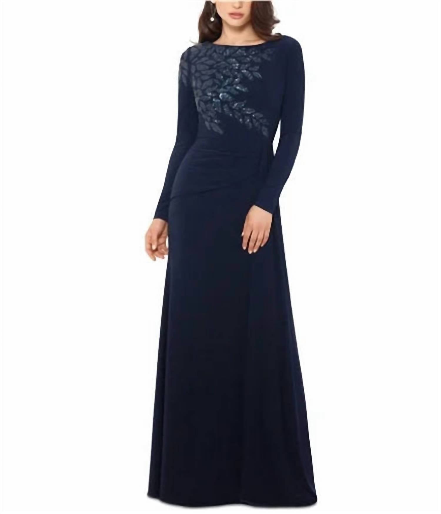 Xscape - Long Sleeve Sequin Shoulder Gown