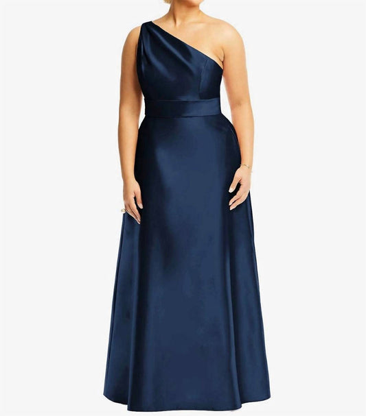 Alfred Sung - Draped One Shoulder Satin Maxi Dress With Pockets
