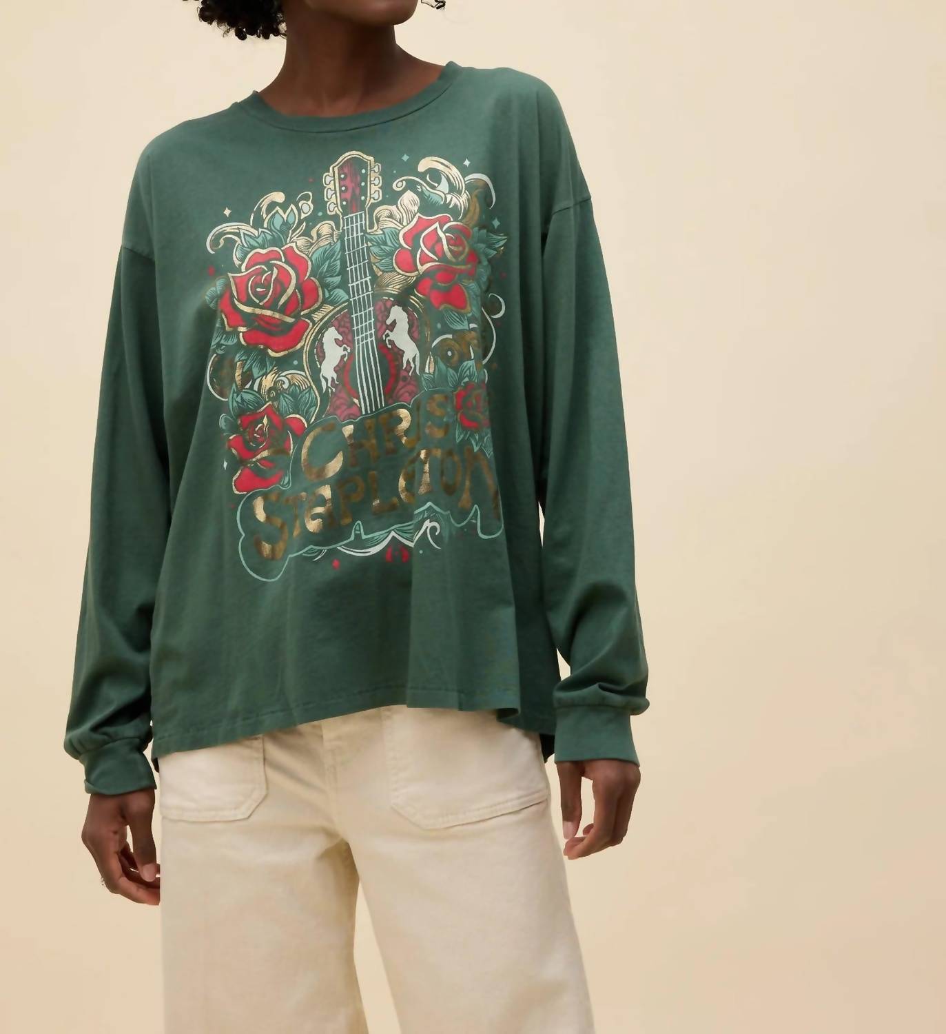 DAYDREAMER Chris Stapleton Guitar & Roses Long Sleeve Top in deep green - women's long sleeve top