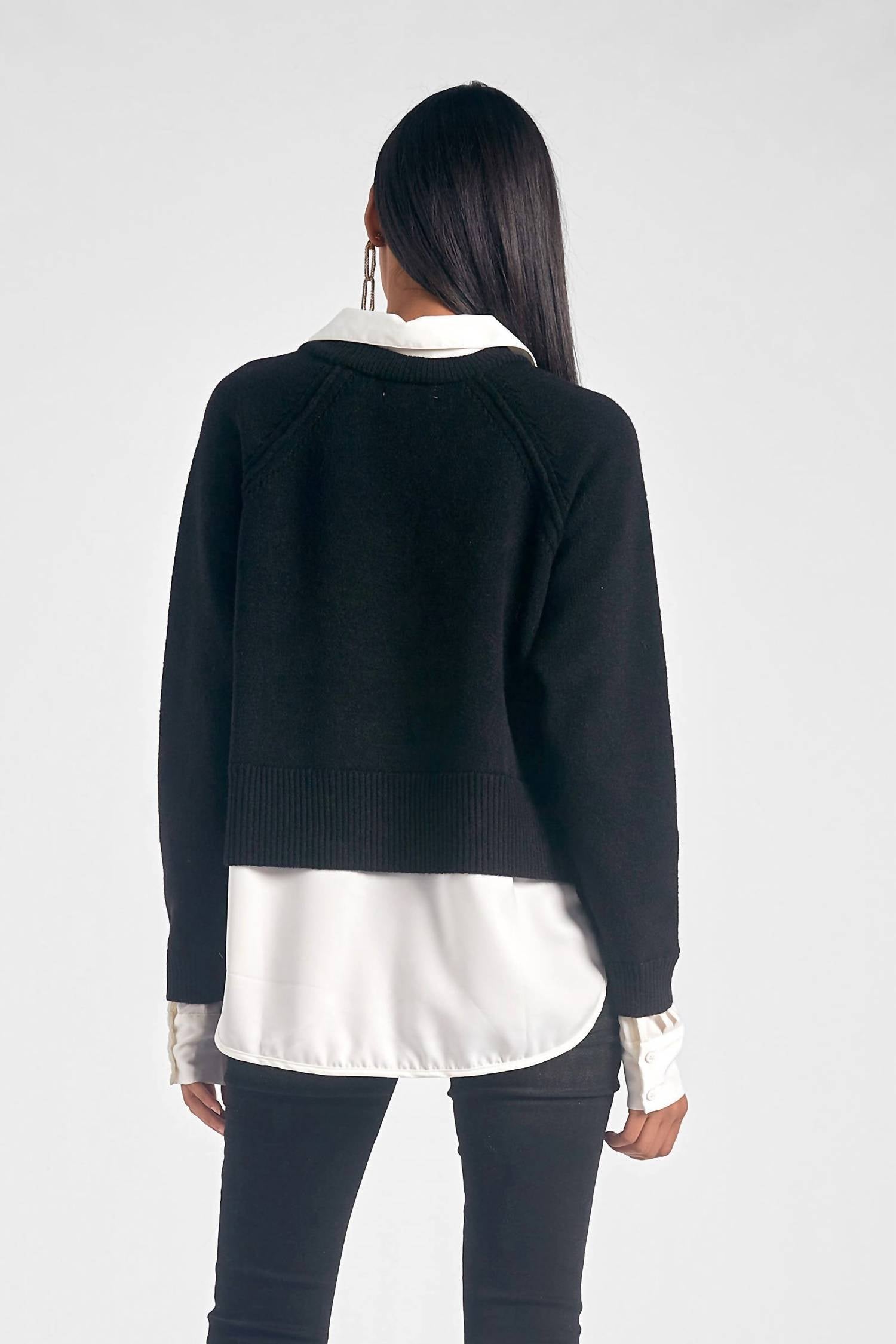 ELAN Long Sleeve Sweater Shirt in navy blue white - women's sweater - detail view