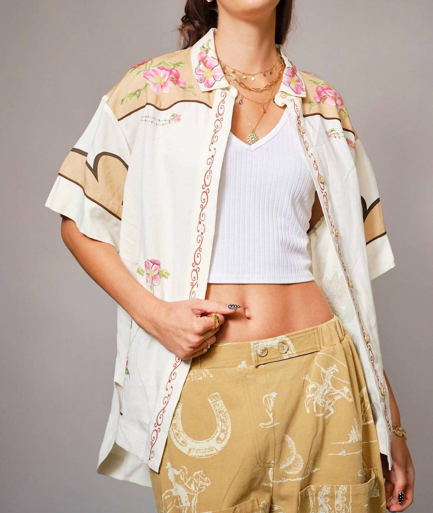 Blue B Embroidered Sequin Floral Linen Blouse in taupe multi - women's blouse - alternate view