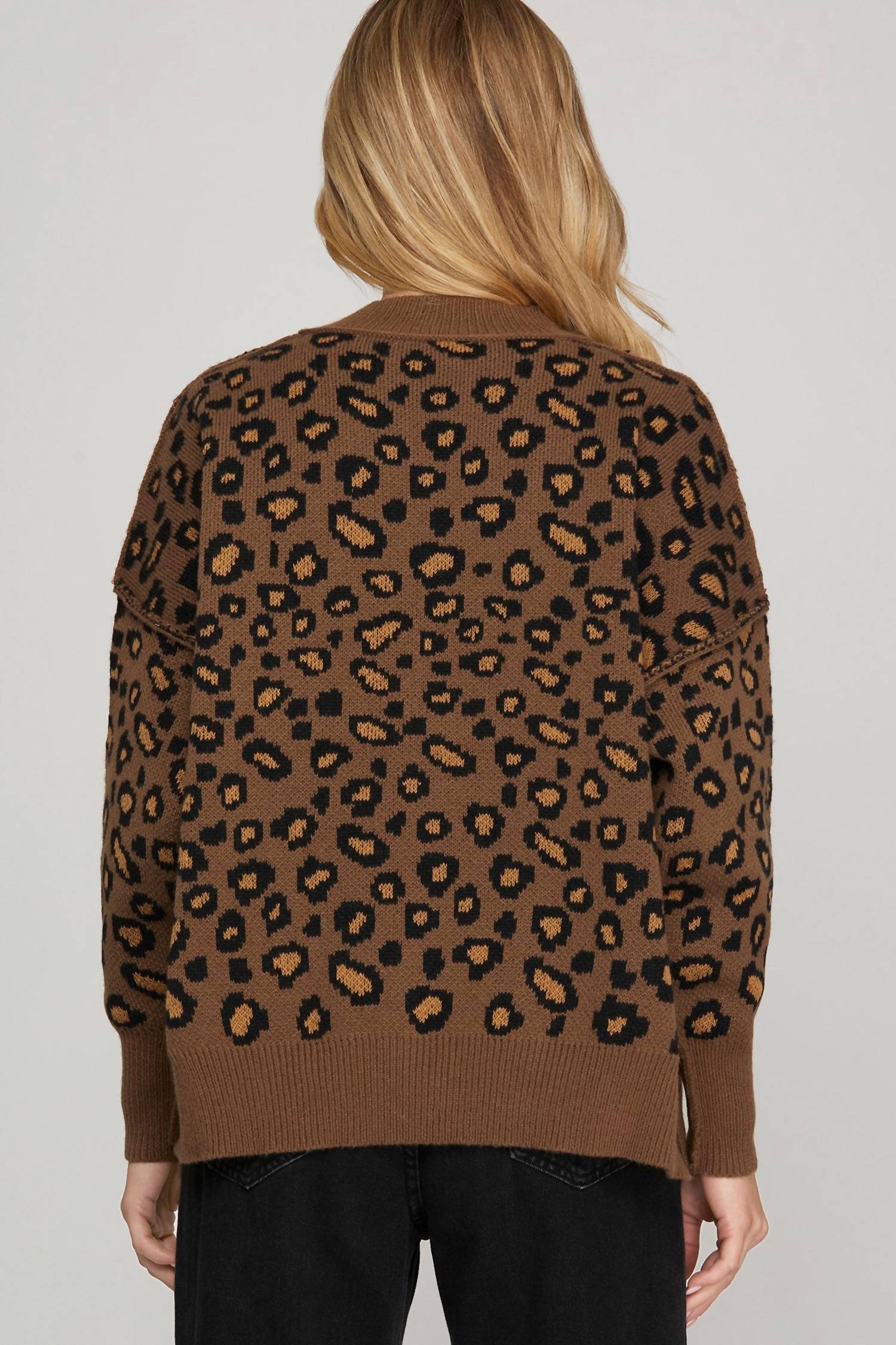 SHE + SKY Leopard Pattern Sweater in brown - women's sweater - detail view