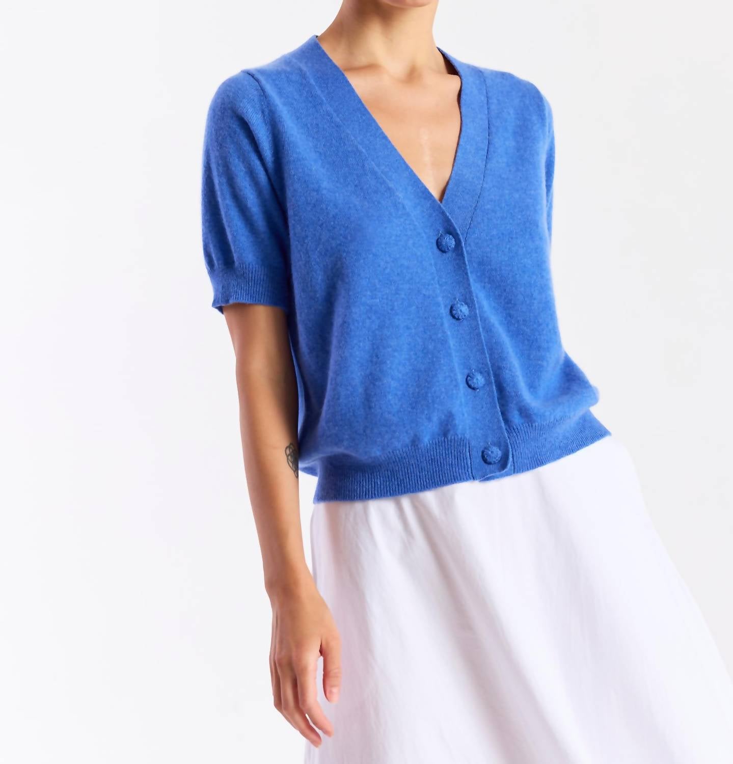Brodie Cashmere Button Up Short Sleeve Cashmere Cardigan in carolina - women's sweater - view 4