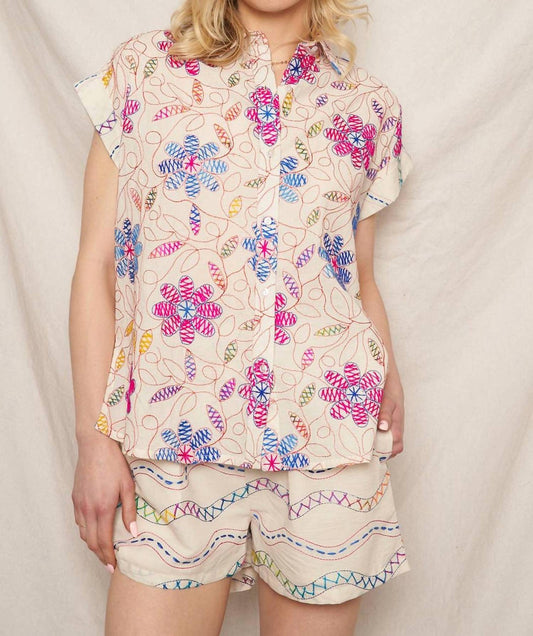 En Creme - Embroidered Short Sleeve Button Down Shirt