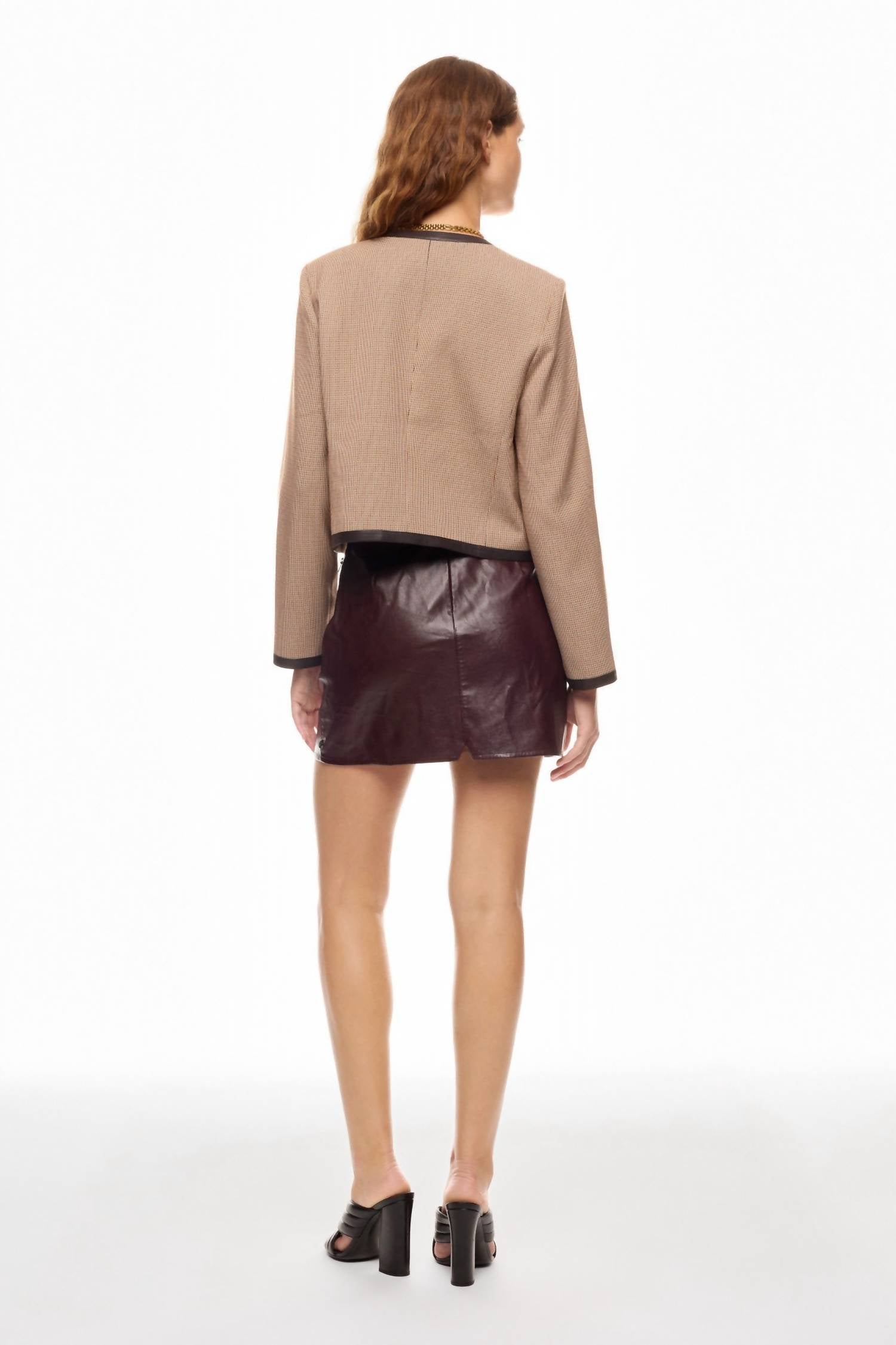 Derek Lam 10 Crosby Plaid Collarless Jacket in brown - women's jacket - detail view
