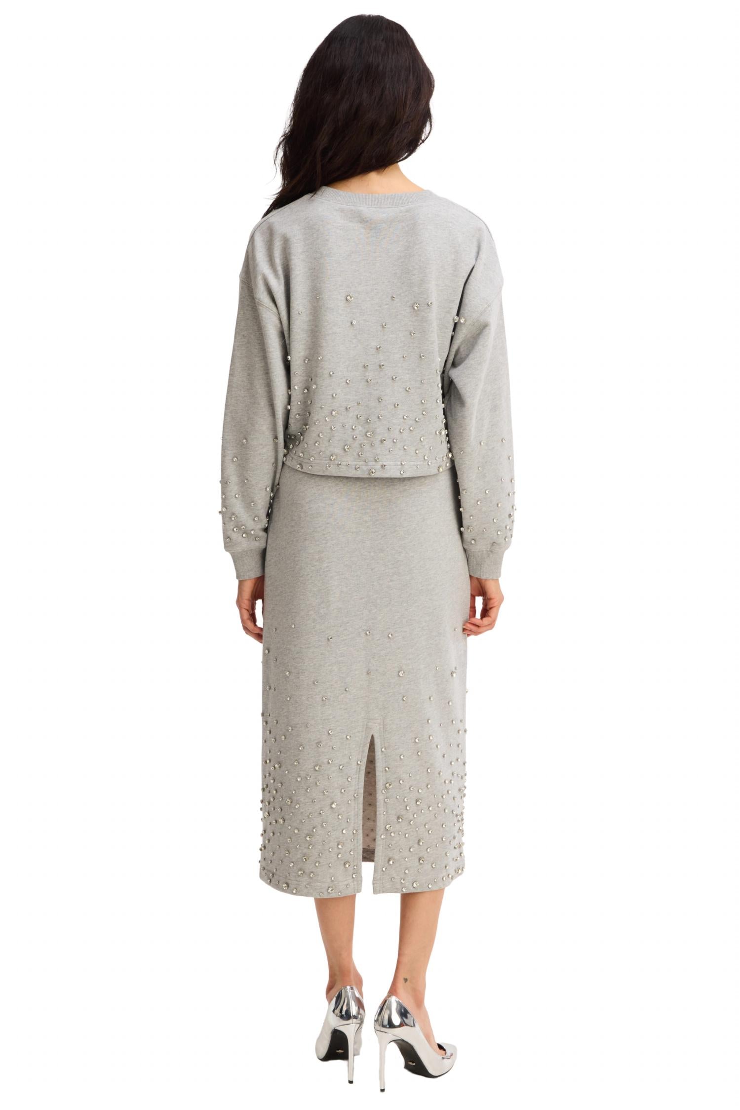 ALLISON NEW YORK Rhinestone Midi Skirt in heather grey - women's skirt - detail view
