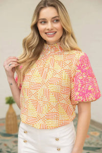 Voy - Smocked Neck Contrast Embroidered Bubble Sleeve Top
