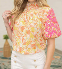 Voy - Smocked Neck Contrast Embroidered Bubble Sleeve Top