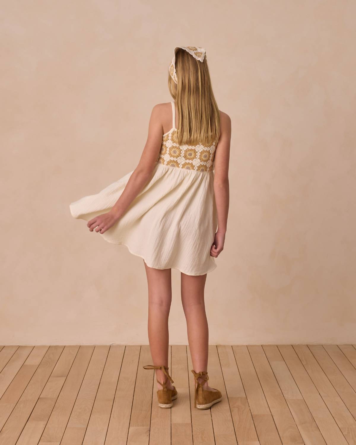 Rylee + Cru Girls' Crochet Sun Dress in marigold daisy 1 - kids' dress - detail view