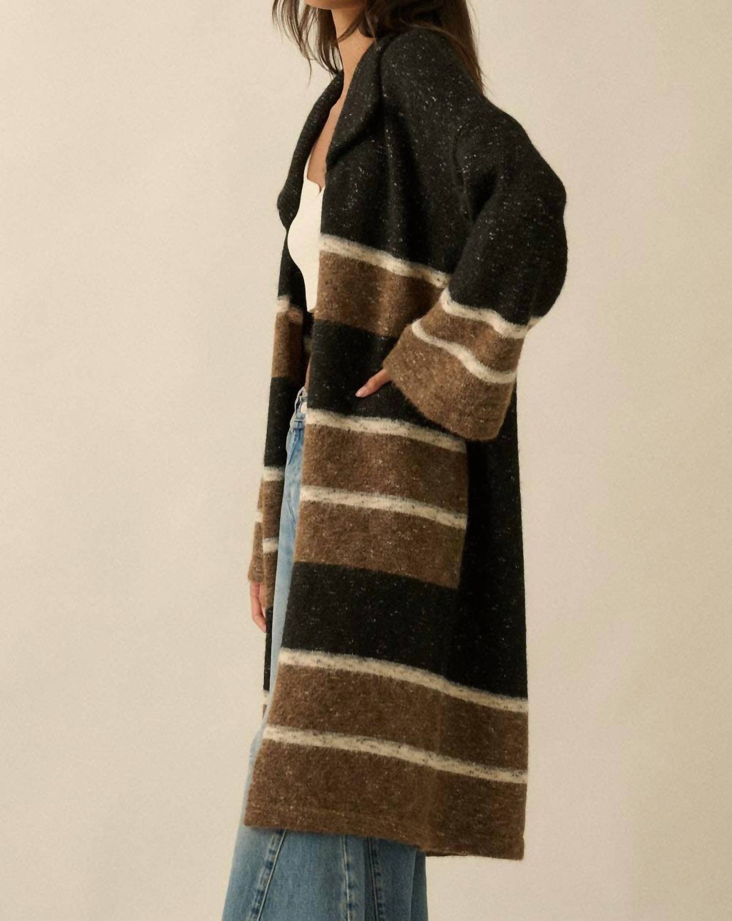 Promesa - Colorblock Stripe Collared Open-front Cardigan
