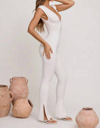 Oh Polly - Romana Plunge Neck Ruched Waist Jumpsuit