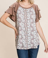 Emerald Collection Floral Paisley Tiered Sleeves Top in brown - women's blouse