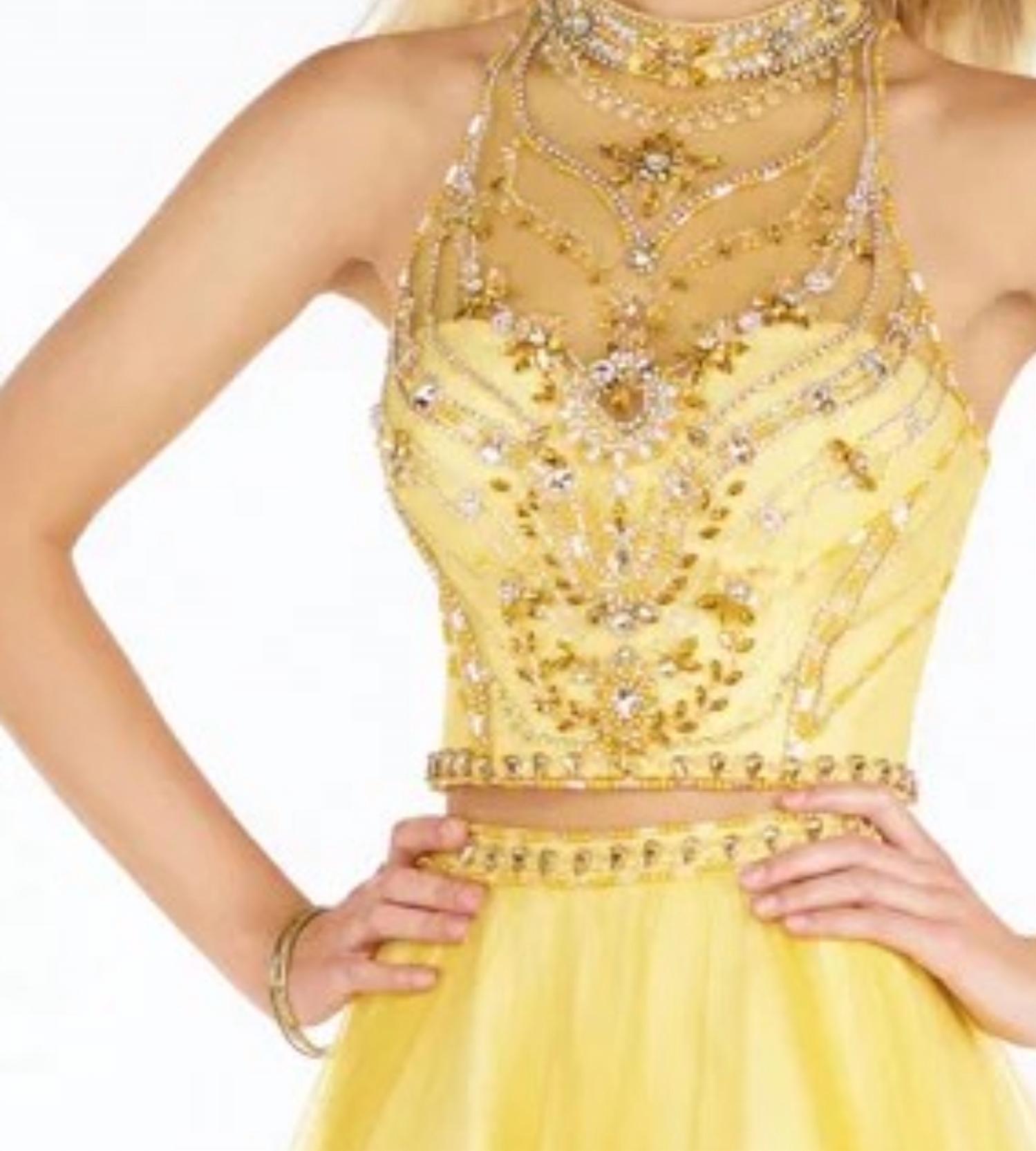 ALYCE PARIS Two Piece Halter Tulle Prom Dress in daffodil - women's dress - detail view