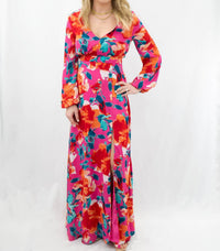 ark & co. Floral V-Neck Maxi Long Sleeve Dress in hot pink - women's dress