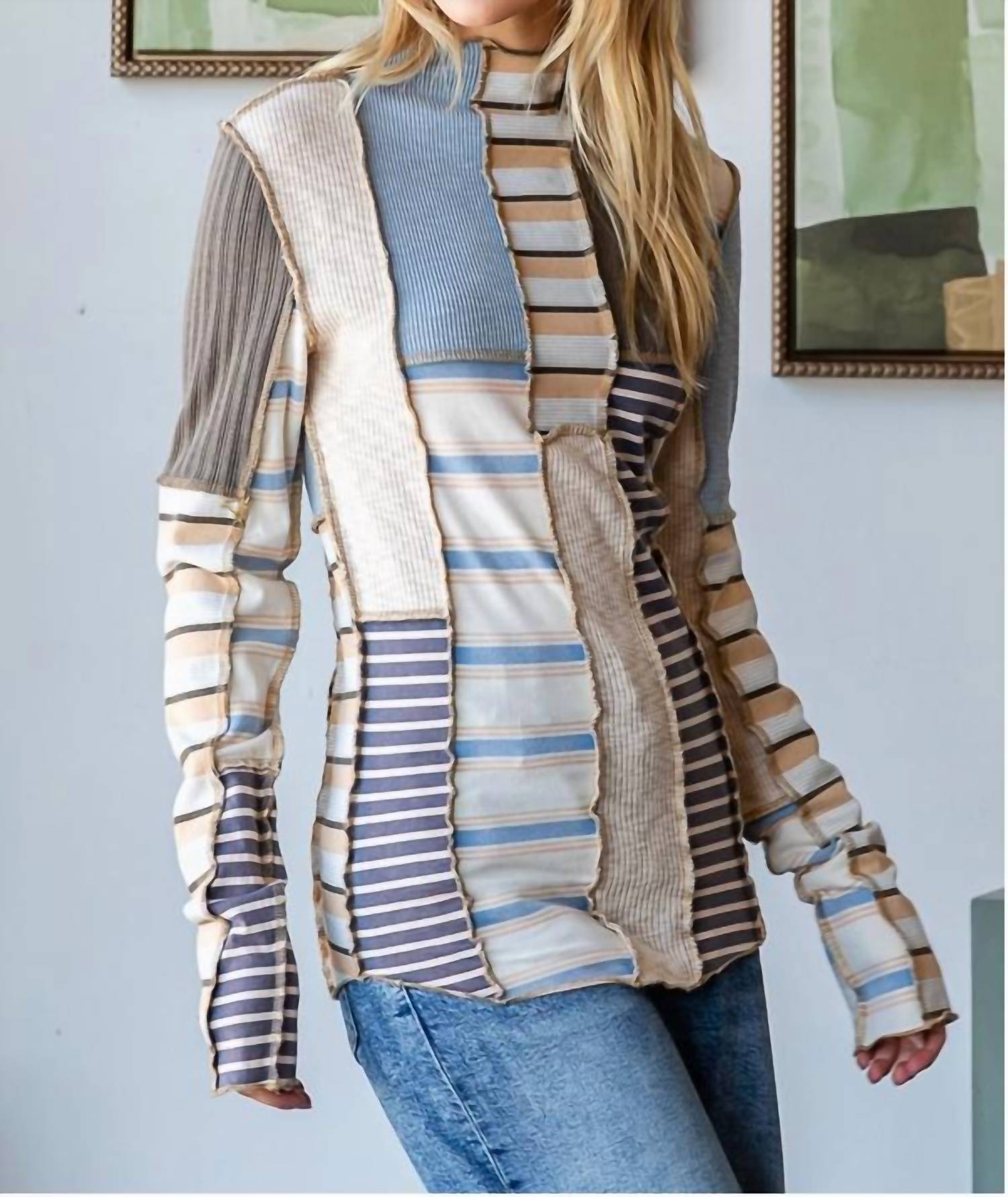Oli & Hali Beverly Mixed Print Pullover in blue multi - women's sweater - alternate view