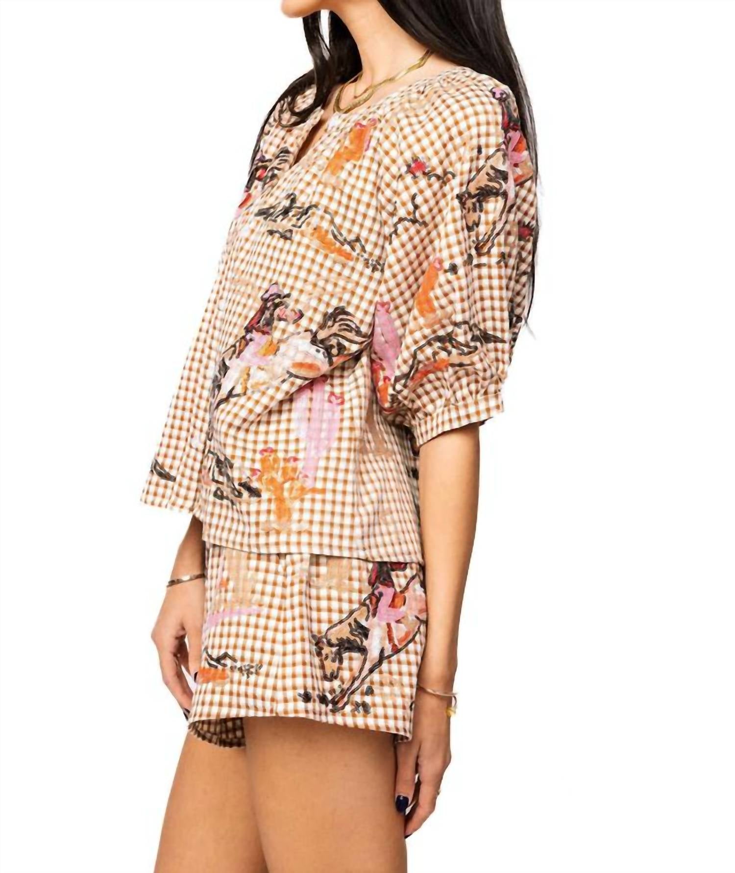Queen Of Sparkles - Gingham Bucking Cowgirl Button Up Cotton Top