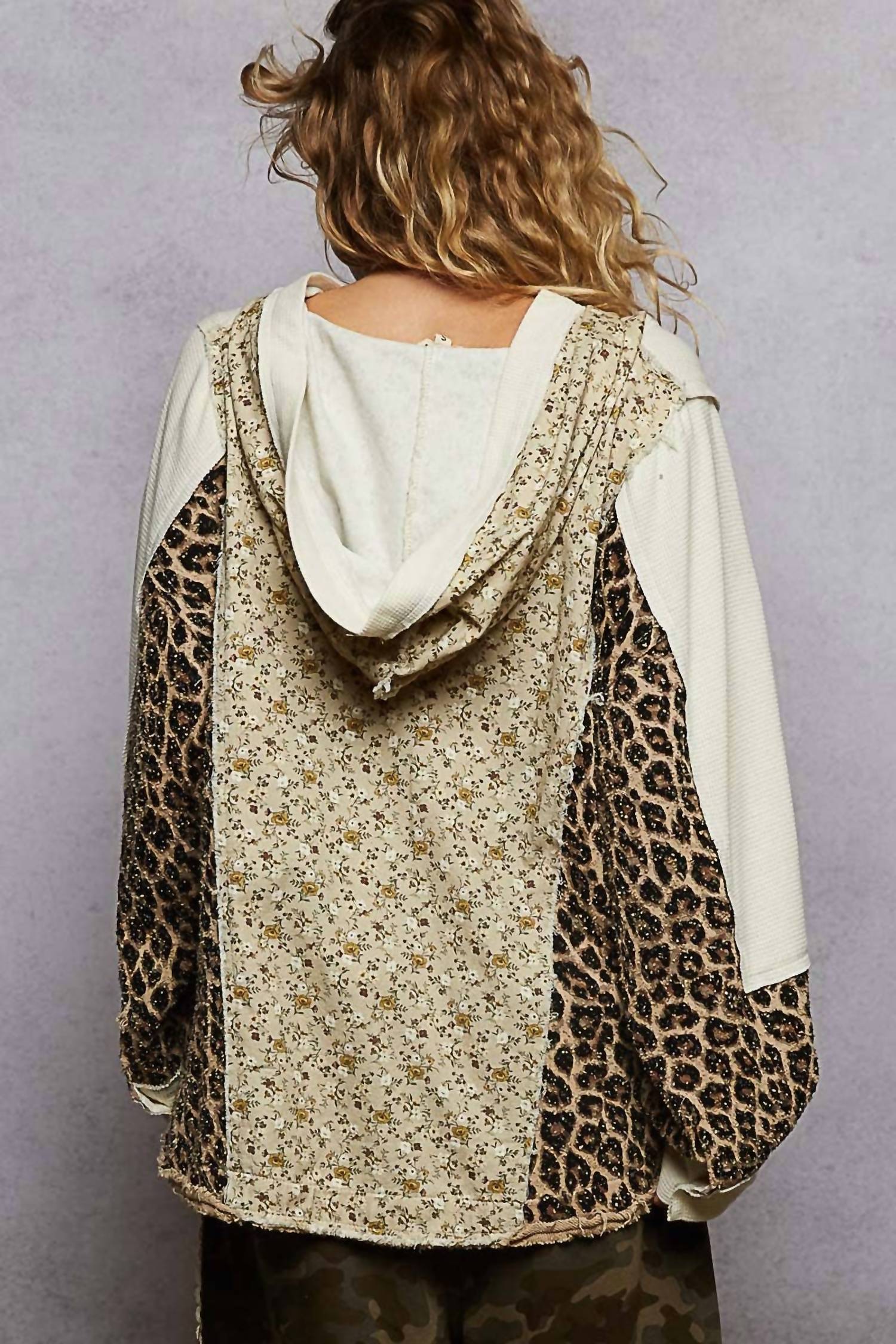 POL Printed Contrast Thermal Hooded Knit Top in cream - women's long sleeve top - alternate view