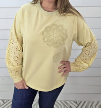 Easel Straw Eyelet Lace Contrast Knit Top in yellow - women's long sleeve top - view 4