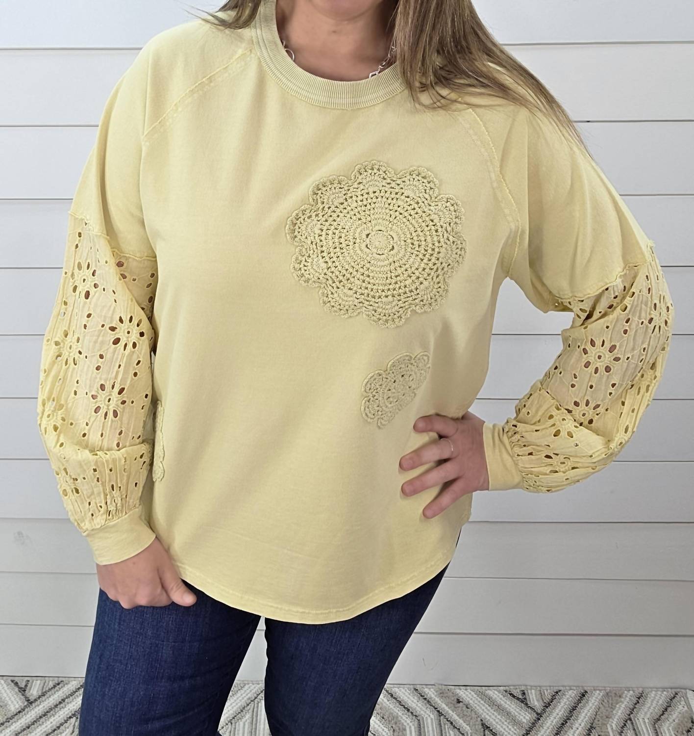Easel Straw Eyelet Lace Contrast Knit Top in yellow - women's long sleeve top - view 4
