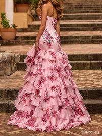 Sherri Hill Strapless Floral Taffeta Mermaid Gown in pink print - women's dress - detail view