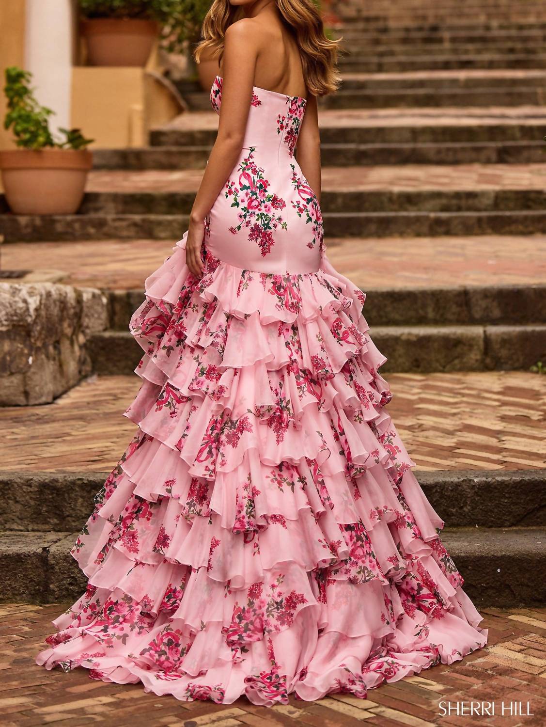 Sherri Hill Strapless Floral Taffeta Mermaid Gown in pink print - women's dress - detail view