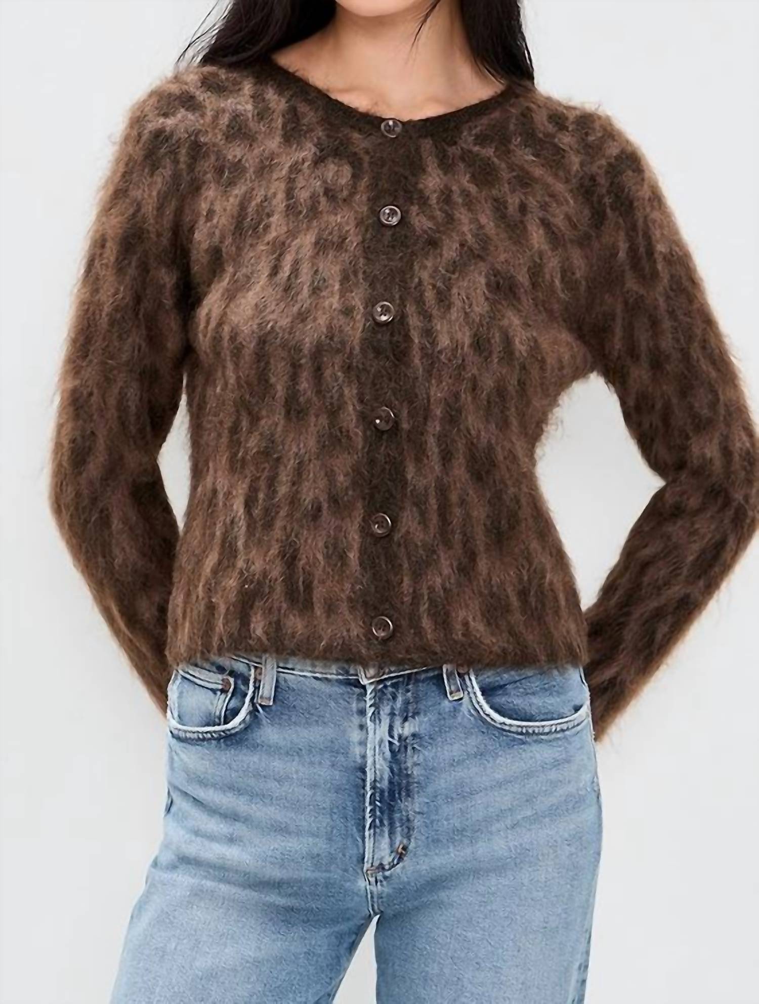 ASTR Katria Fuzzy Crewneck Cardigan in brown cheetah - women's cardigan - view 4