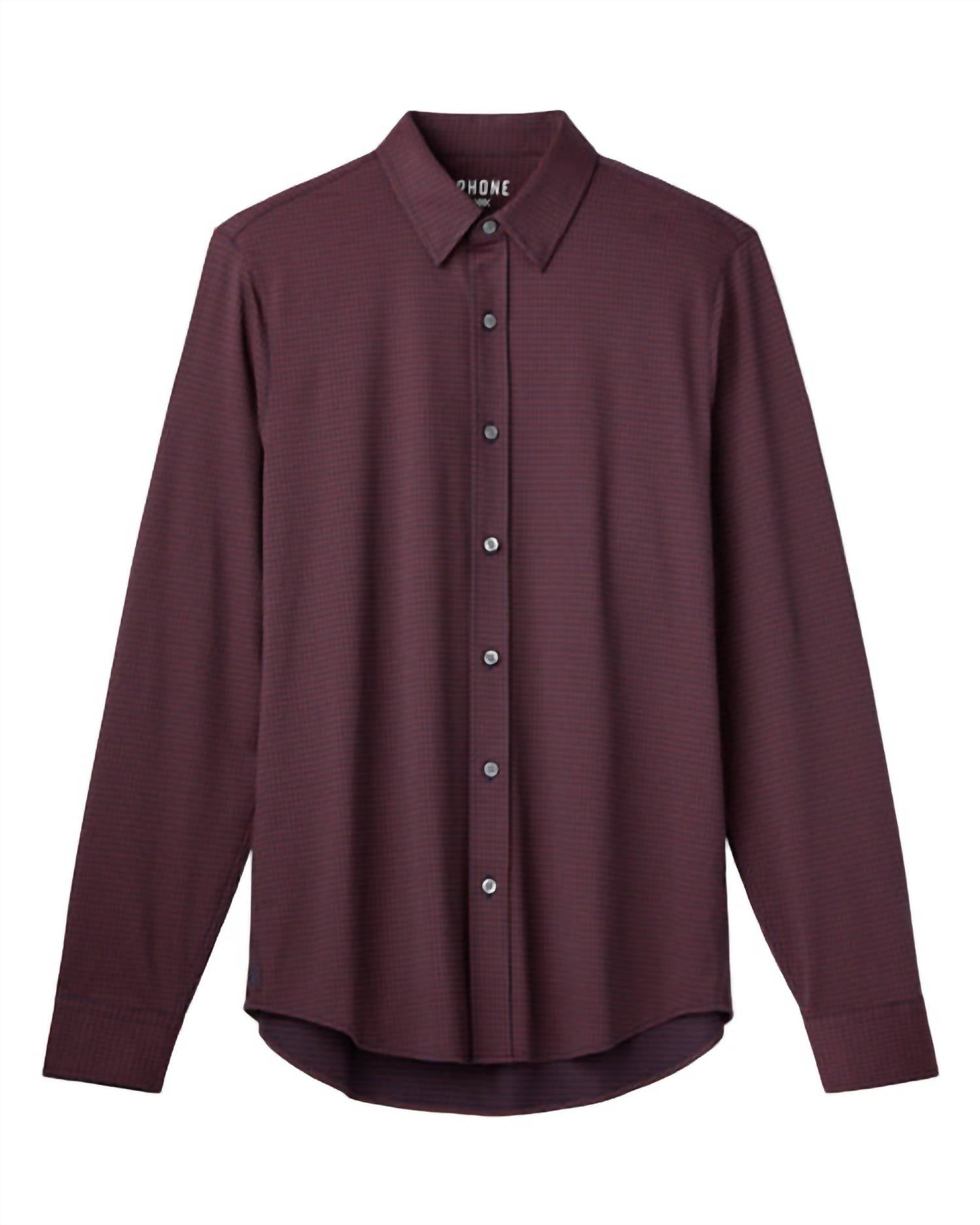 RHONE Commuter Long Sleeve Shirt in cinnamon red gingham - men's shirt - detail view