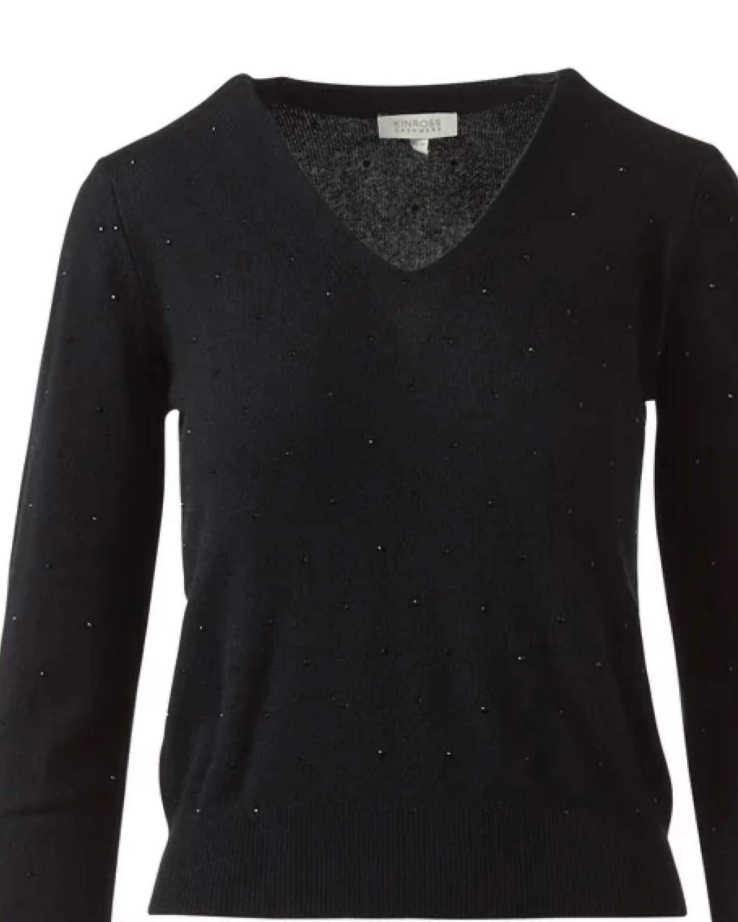 Kinross Women's Fine Gauge Crystal Tee in black - women's sweater - detail view