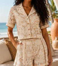 Surelymine - Maribel Floral Lace Button-Up Top & Shorts Set