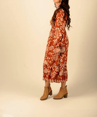 Doe and Rae Dreams Long Sleeve Midi Dress in terracotta - women's dress - detail view