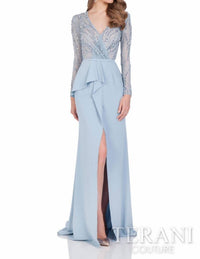 Terani Couture - Long Sleeve Wrap Trumpet Skirt Gown